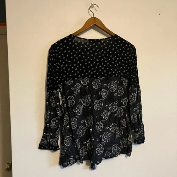 Ann Taylor Loft Dark Floral Print Lace Tassel Peasant Boho Long Sleeve Blouse - - Picture 11 of 11